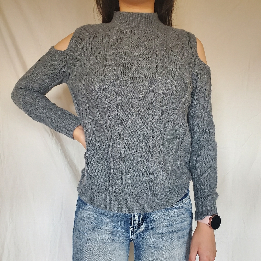 Grey Cable Knit Cold Shoulder Sweater